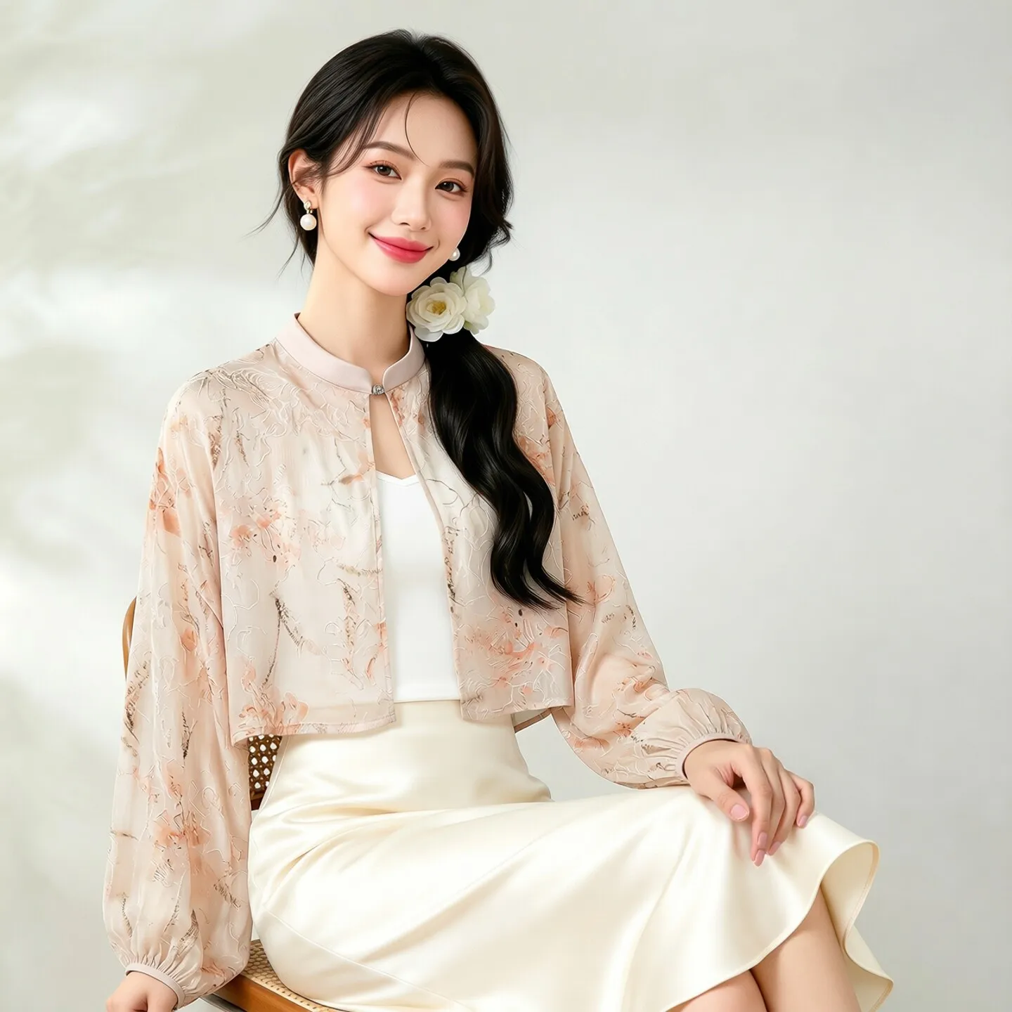 Winsleter-100%Real Silk Elegant Coat, Stand Cut Flower Silk, Women Sunscreen Loose Sheer Thin Short Coat, 2026 Autumn C6O538CC