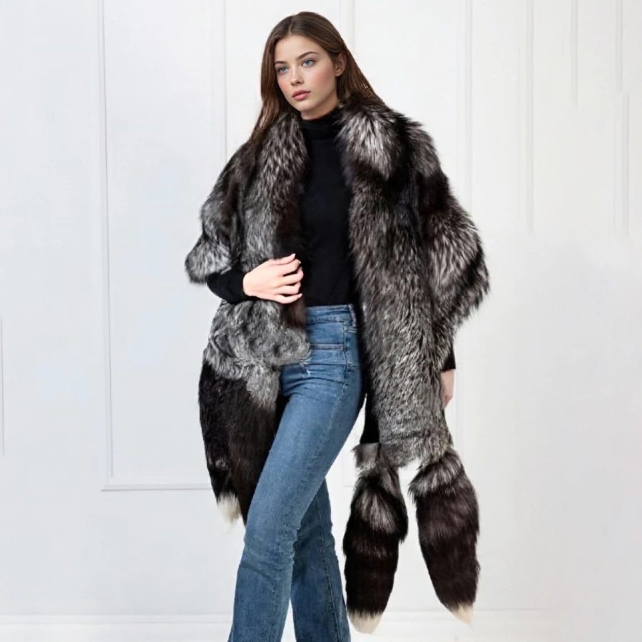 Double Side Silver Fox & Black Rex Fur Boa-Cape With Tails Women's Real Rex Rabbit Fur Shawl Luxury Long Natural Fur Scarf