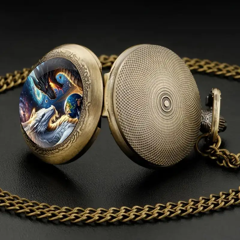 Bronze Earth Dragon Quartz Pocket Watch - Dual Celestial Guardians Timepiece