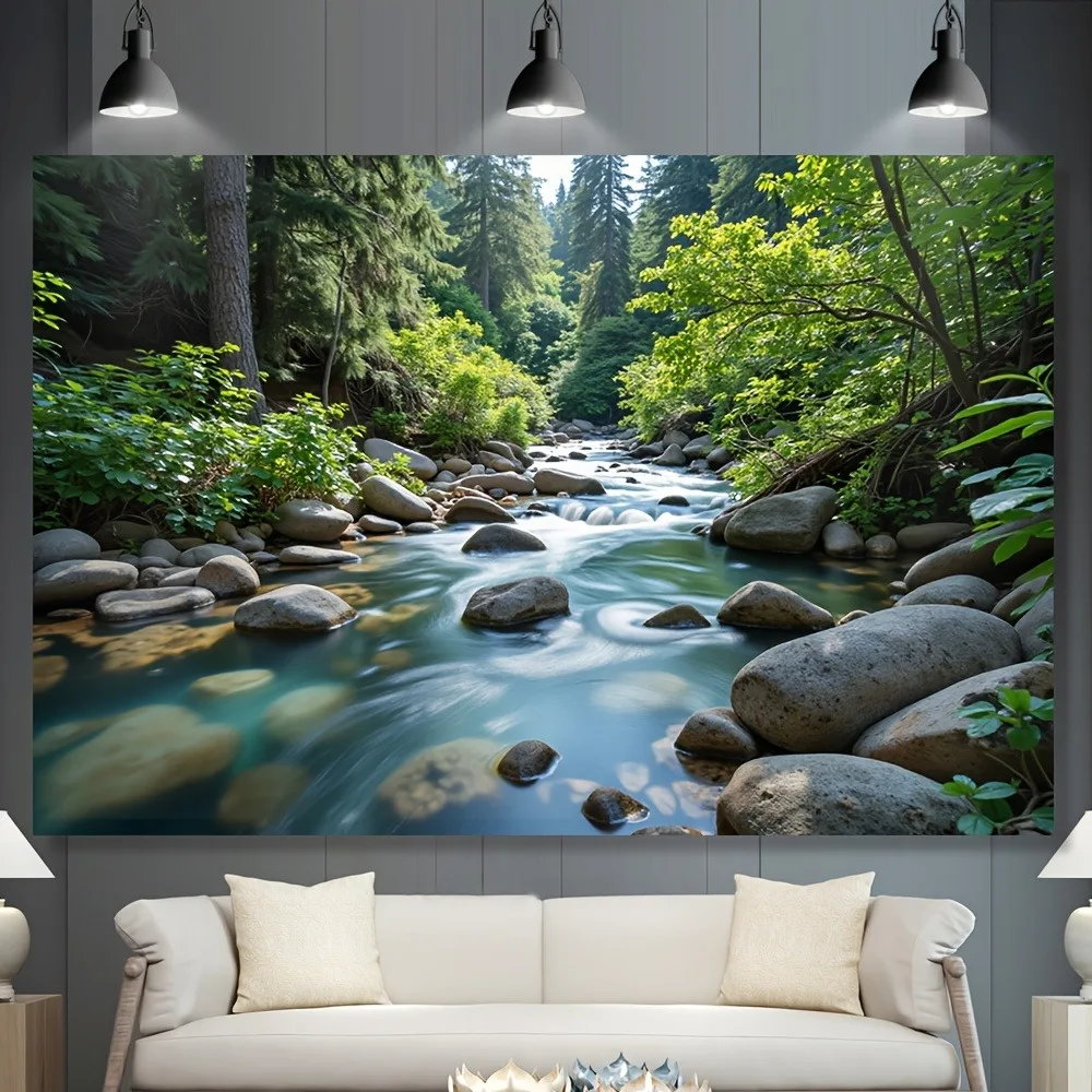 Tranquil Forest Stream Tapestry: Turquoise Water & Rock Scene Pattern Serene Cottagecore Wall Decor for Living Room Bedroom