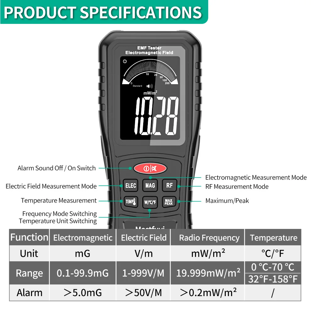 MASTFUYI FY8818C كاشف الإشعاع الكهرومغناطيسي الكل في واحد مع حامل الذروة، مقياس كثافة الطاقة EMF وRF القابل لإعادة الشحن USB-C #5