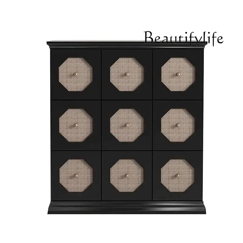 

French retro rattan solid wood bucket cabinet, entrance hall cabinet, medieval living room, dining side storage cabinet