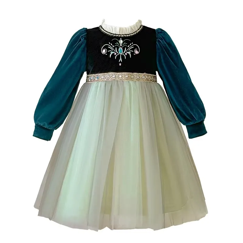 

Новое бархатное платье для девочек на осень/зиму 2025 года, детское зеленое платье для косплея на Хэллоуин, день рождения, элегантное зеленое платье Анны «Холодное сердце» для девочек