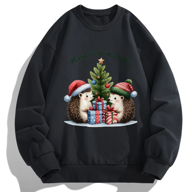 

2025: футболка с длинными рукавами и круглым вырезом с принтом «Два ежики» и рождественским граффити, весна-осень, повседневный рождественский легкий топ