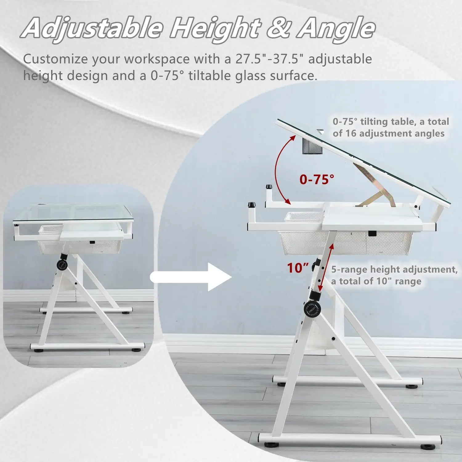 Glass Drafting Table, Height Adjustable Art Tabe with Stool, White