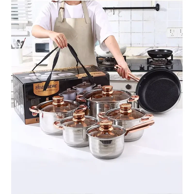 Hot-selling 12-piece stainless steel classic design cookware set Non-stick cookware with glass lid for soup pots and cooking