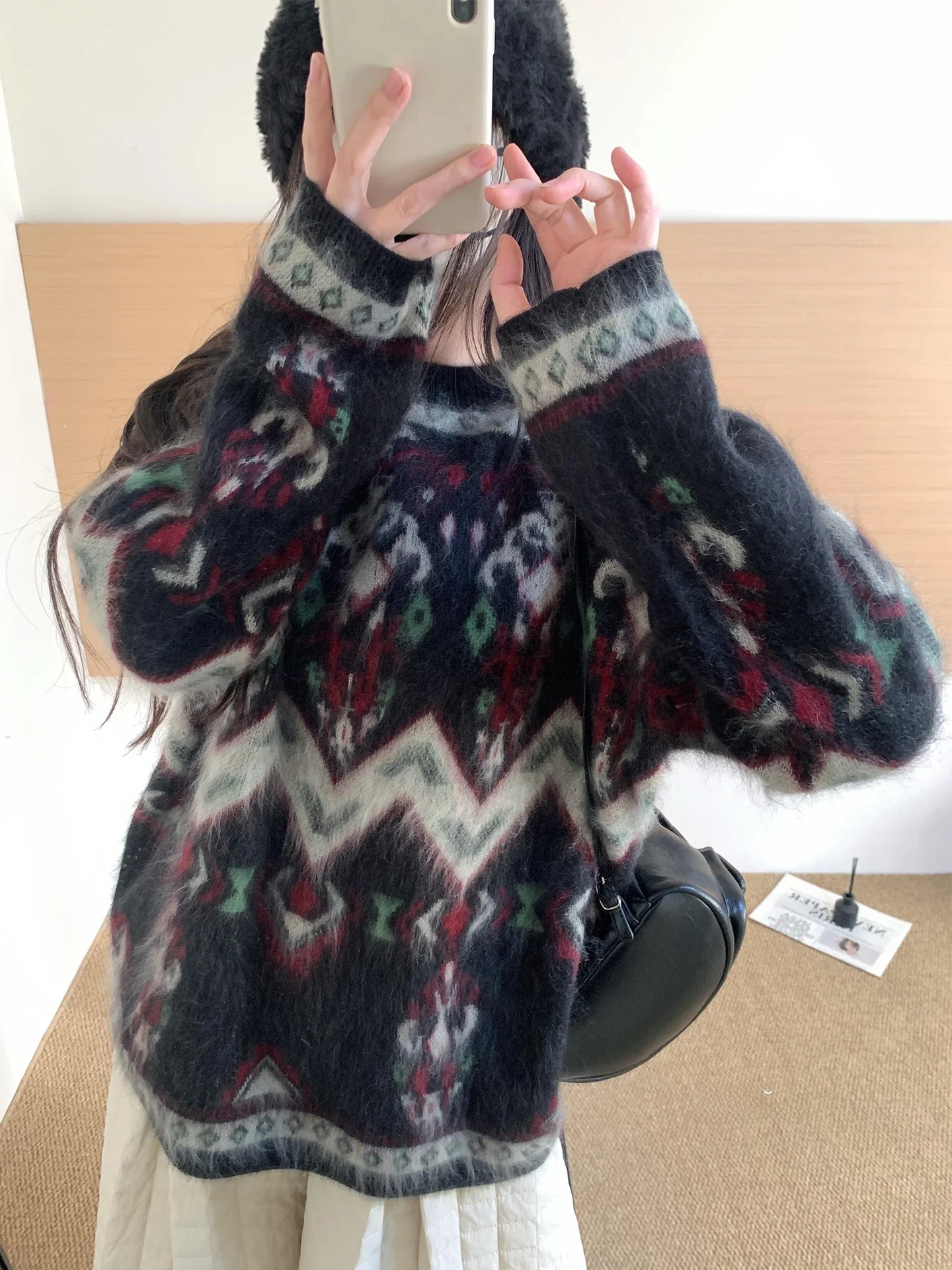 

Warm Fce-lined Woolen Fair Isle Knitted Sweater Women's Ethnic Sle Loose Fit round Ne Pullover Winter Faion