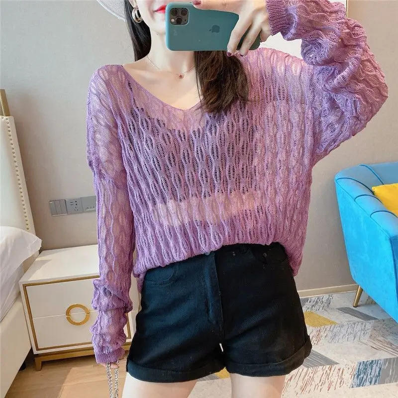 

Fashion V-Neck Solid Color Knitted Hollow Out Blouses Female Clothing 2025 Summer New Loose All-match Tops Korean Shirts
