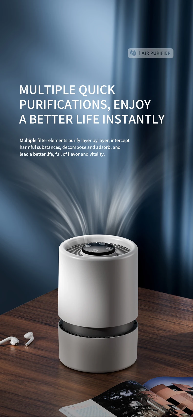 Portable Air Purifier HEPA Activated Carbon Composite Filter Blue Light Negative Ion 2 Speed Touch Control USB Type-C Quiet Night Mode Aroma Tank