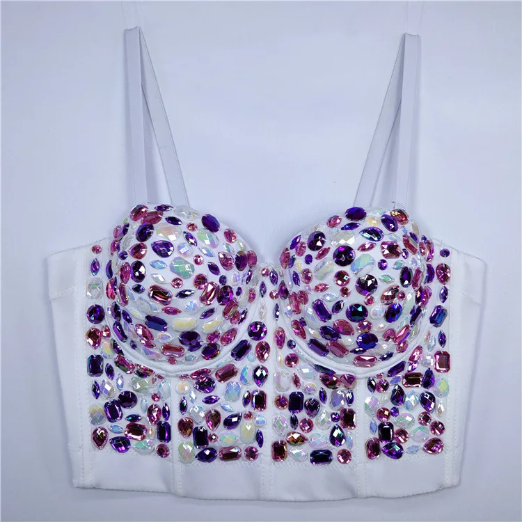 

Nightclub Sexy Acrylic Beaded Bandeau Camisole Short Solid Color Steel Ring Detachable Shoulder Strap European and American Bra