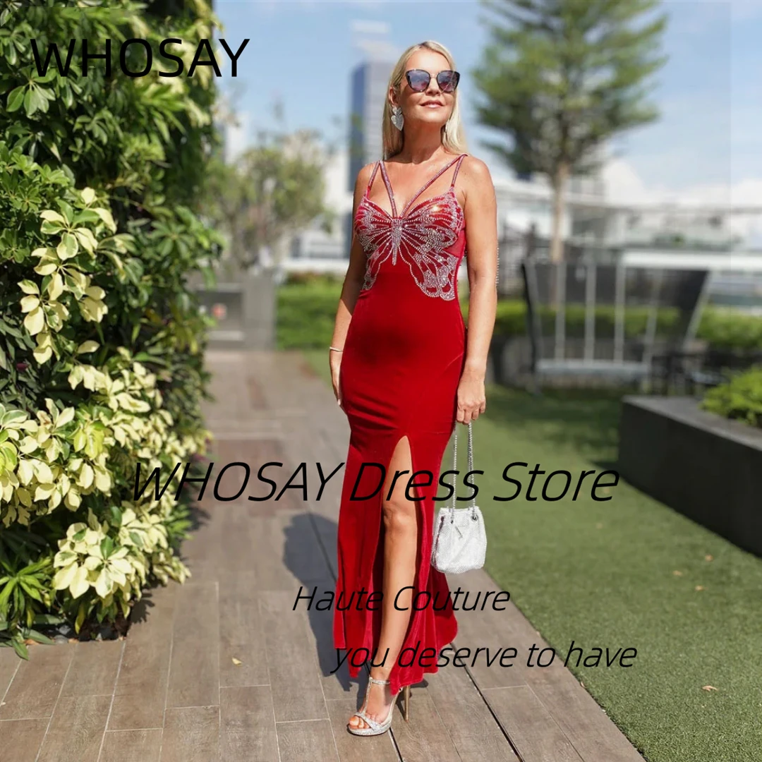 WHOSAY Customized Beading Butterfly Shape Prom Dresses Spaghetti Straps Robes De Soirée Side Slit Sexy Cocktail Evening Dress