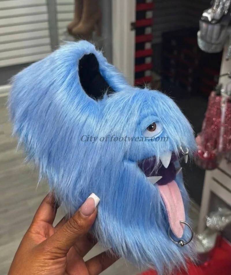 Blue fur monster flat platform slippers boots Women's fuzzy big size handmade strange style lxury designer party dress shoes