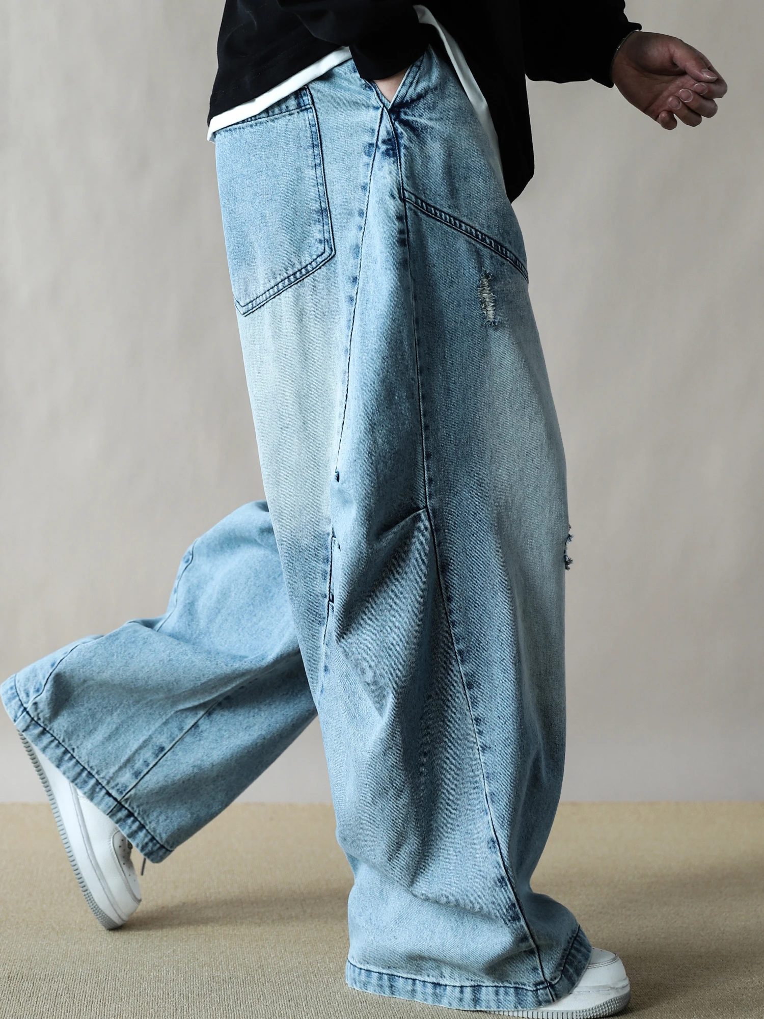 

Retro American Waed Denim Pants Men Loose Wide Leg Knife Pants Spring Casual Long Blue Patchwork Cotton Straight Tube Trousers