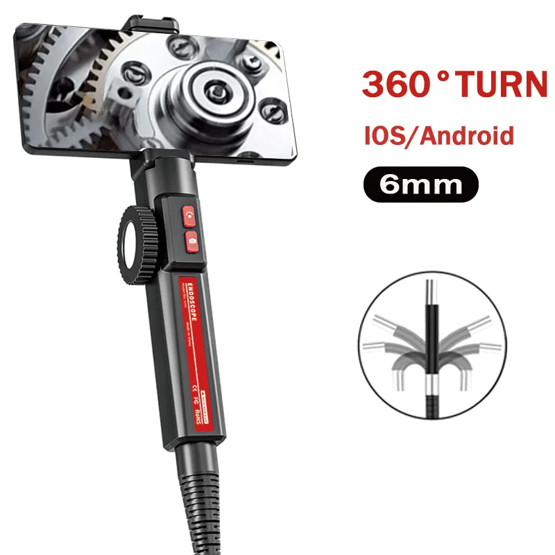 360° Two-Way Articulating Borescope Industrial Endoscope 6mm Car Sewer Inspection Camera with Light for IOS Android