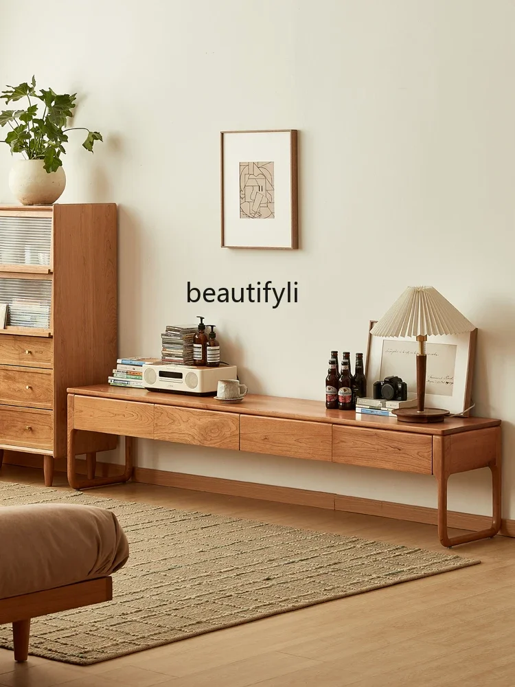

Nordic solid wood TV cabinet coffee table combination log living room cherry wood locker R
