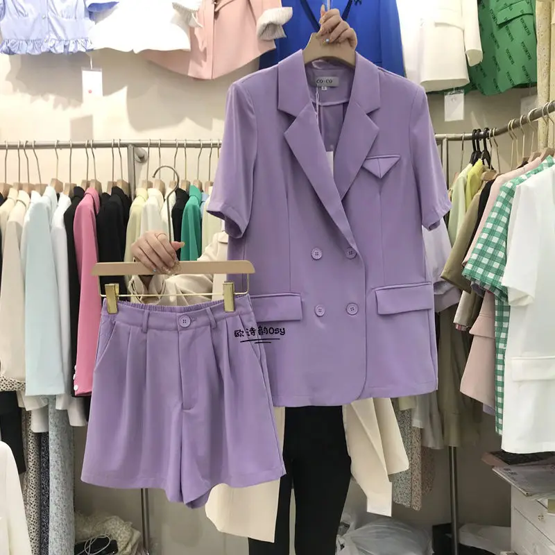 

Summer Thin Suit Shorts Set Two Piece Women Fashion Short Sleeve Blazer Casual Office Lady Profession Outfits Z2126