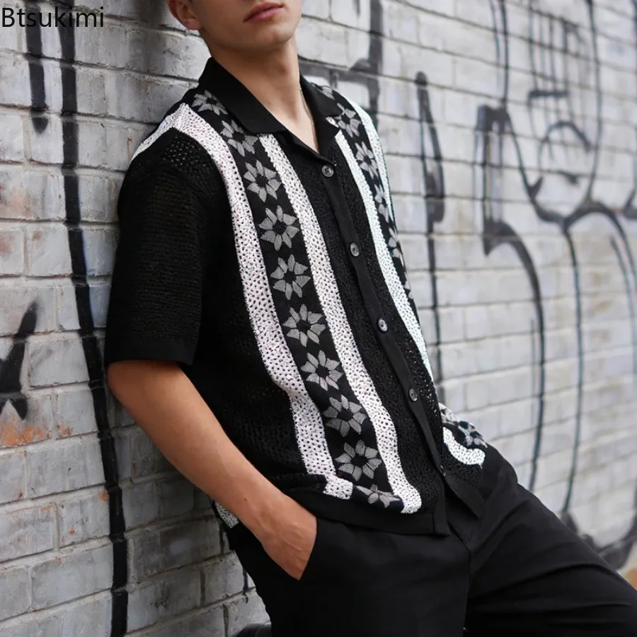 

New Men's Trendy Hollow Out Shirt Knitting Turn-down Collar Button-up Casual Shirts Spring Summer Vintage Men Solid Color Shirt