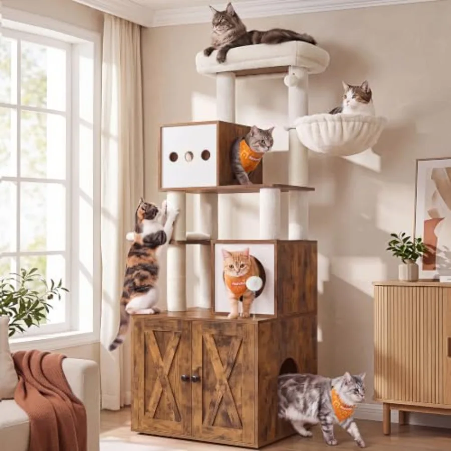 Cat Tree With Litter Box Enclosure For Indoor Use, Engineered Wood In Gray, Scratch-Resistant Surfaces And Quiet Sisal-Wrapped