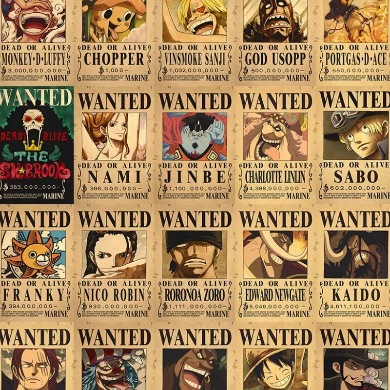 New Anime One Piece Luffy 3 Billion Bounty Wanted Posters Four Emperors Kids Action Figures Vintage Wall Decoration Poster Toys