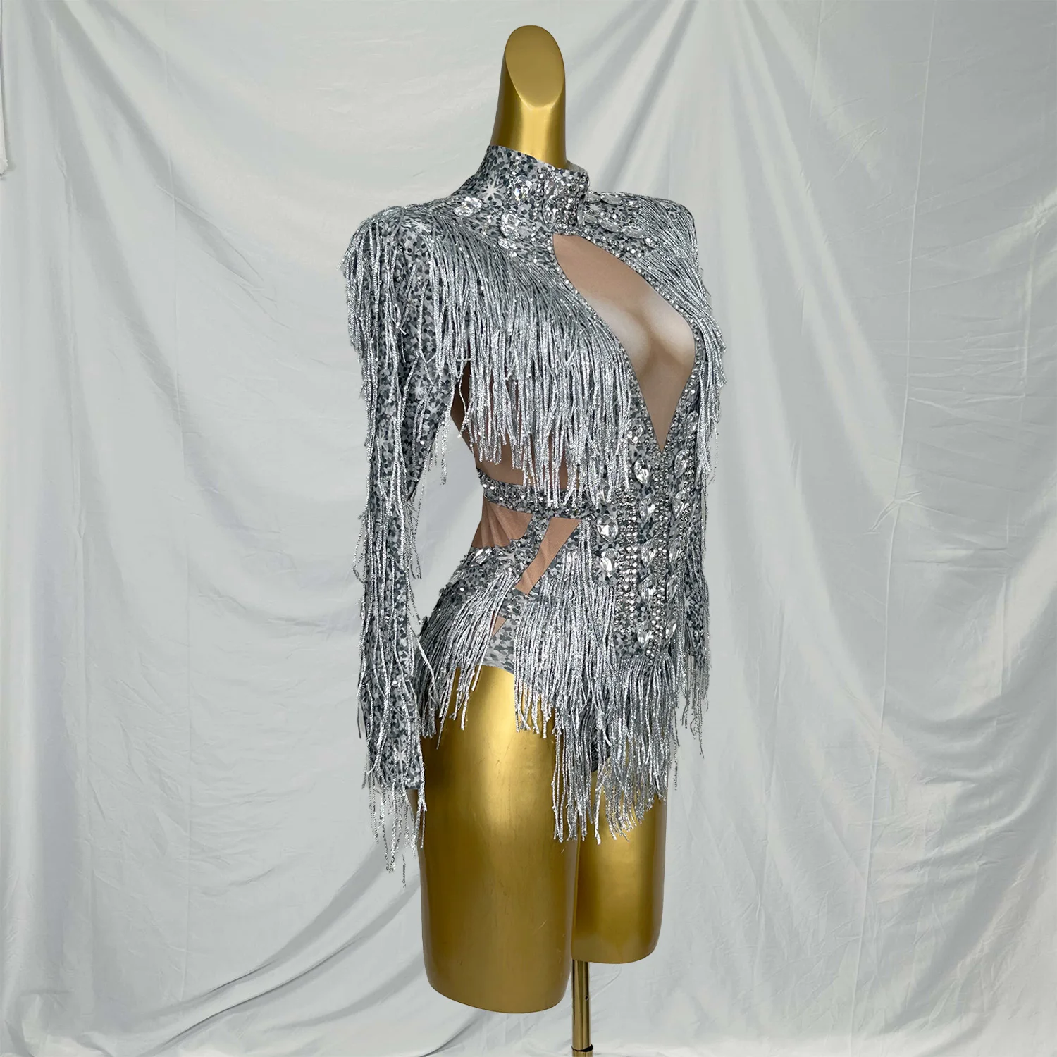 고급스러운 반짝이는 라인스톤 레오타드 패셔너블 섹시한 태슬 바디수트 바 나이트클럽 공연 의상 핫 댄스 섹시 바디수트