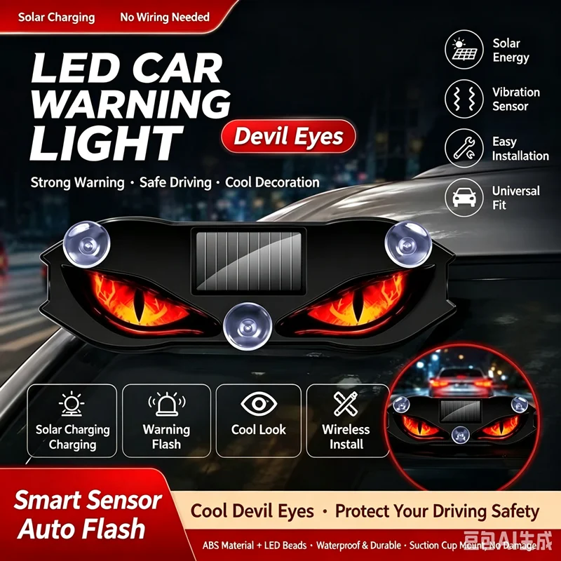 Solar Powered Dynamic Demon Eye LED Sticker Light for Car Triangle Window, Universal for Cars & Trucks, Windshield & Rear Window