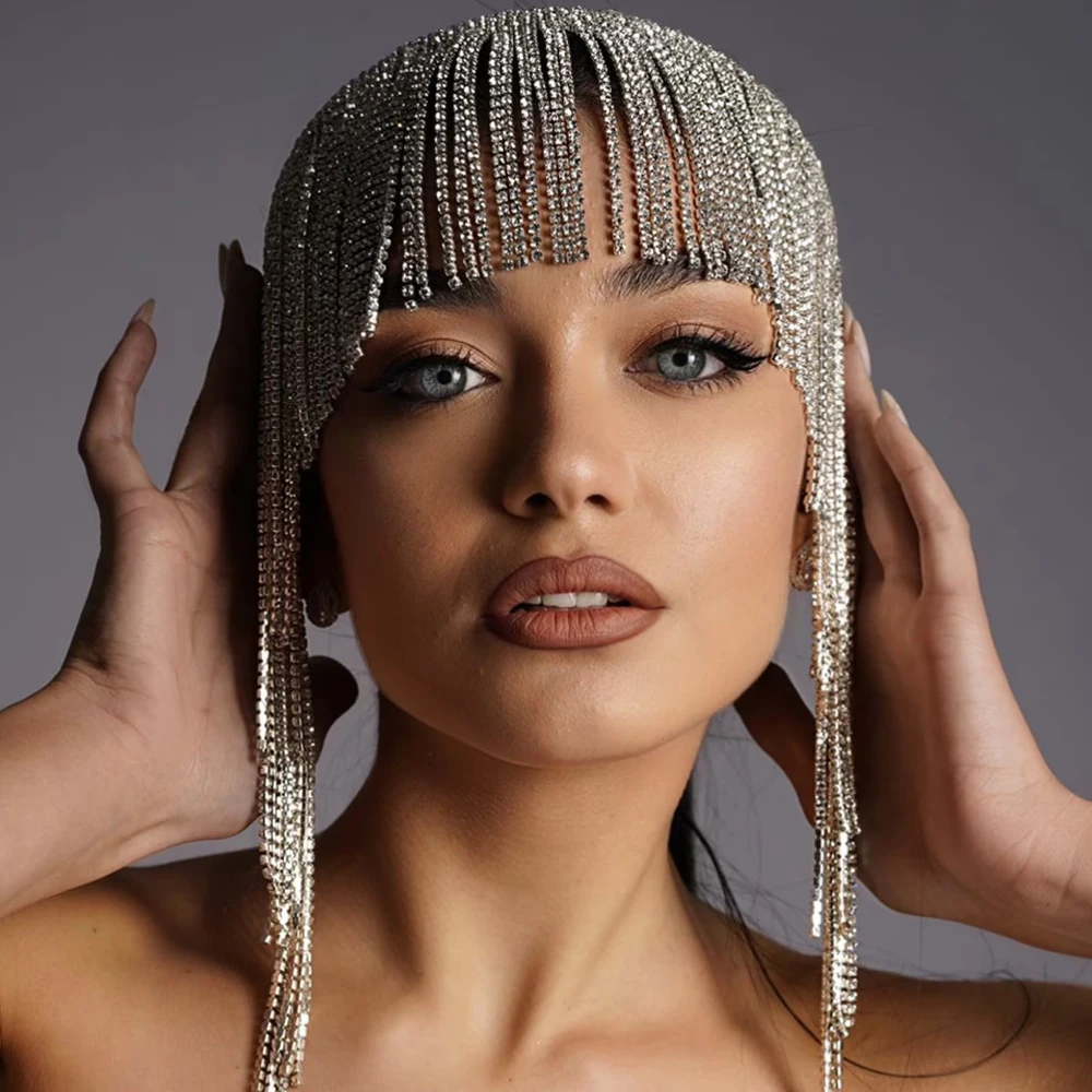 Boho Crystal Tassel Hair Chain Headband Wedding Forehead Jewelry 2024 New Indian Bridal Rhinestone Headpiece Goddess Accessories