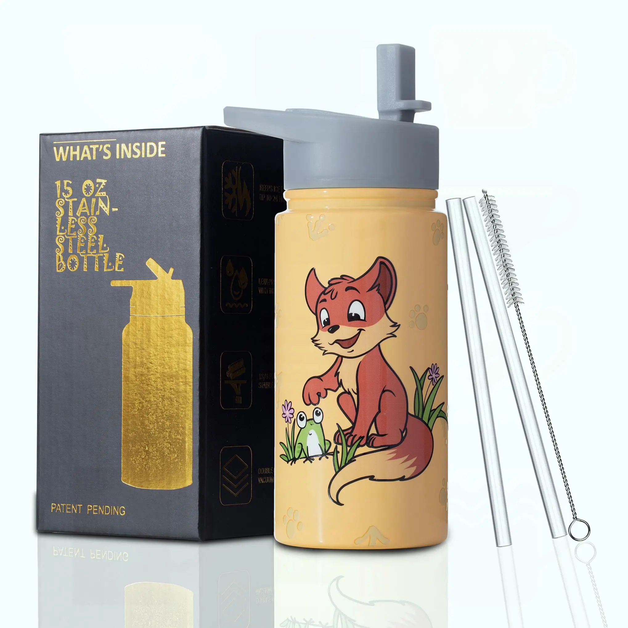 

15 oz Fox Insulated Water Bottle, Leak-proof Stainless Steel Thermos for Hot and Cold Beverages, BPA Free