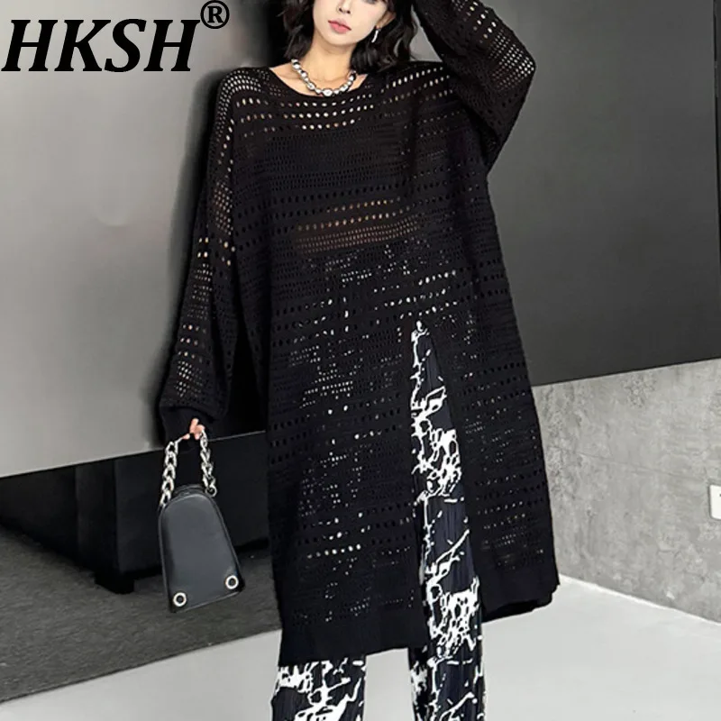 

HKSH Spring Summer New Women Long T-shirt Solid Color O-neck Hollow Out Split Sunproof Knitted Dress Dark Stylish Casual HK11991