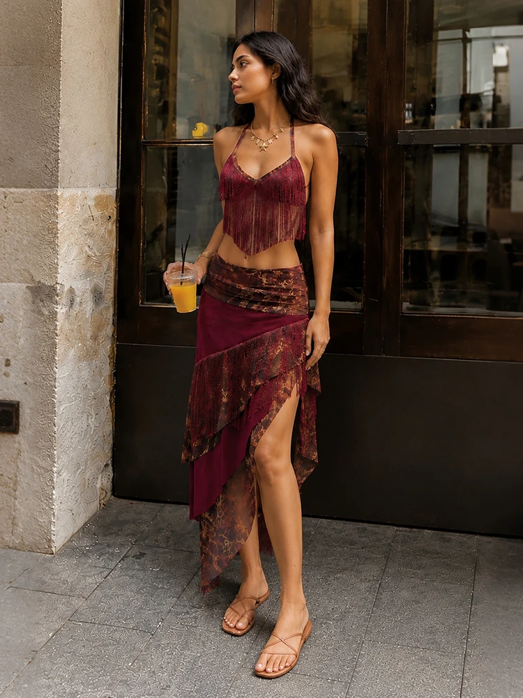Kliou Quasten-Dekorations-Set, 2-teilig, Damen Neckholder-Top mit tiefem Ausschnitt und rückenfreiem Design + unregelmäßiger Patchwork-Maxirock, sexy Mode-Outfits – Detail 14