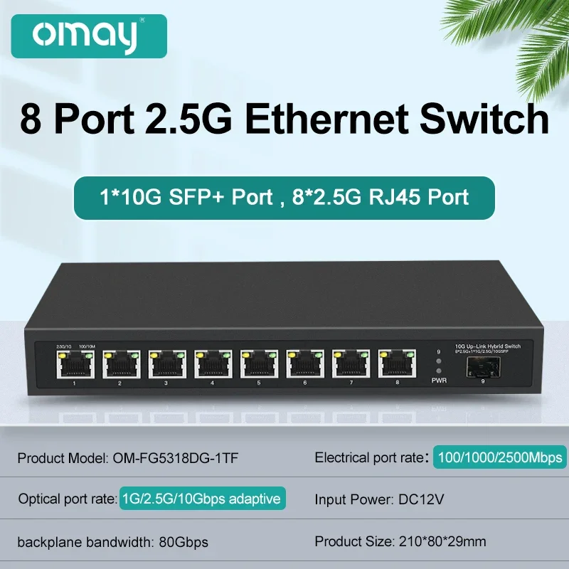 

OMAY Ethernet switch RJ45 port Uplink Plug and play Collector Internet Distributor Fanless 8Port 2.5Gb, 2.5GBASE-T10G SFP Black