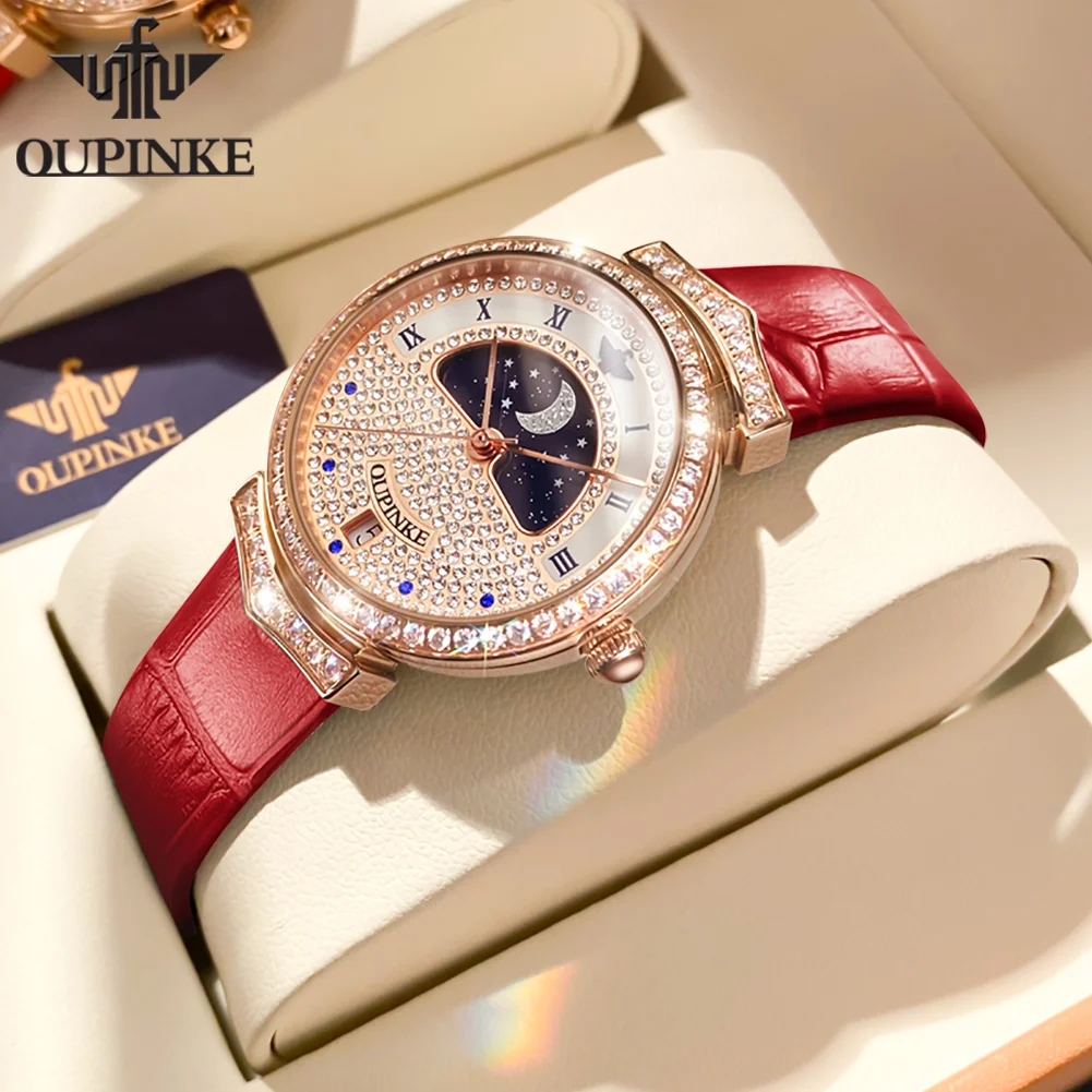 OUPINKE 3216 Original Import Swiss Movement Quartz Watch for Women Luxury Fully Diamond Starry Sky Moon Phase Ladies Wristwatch