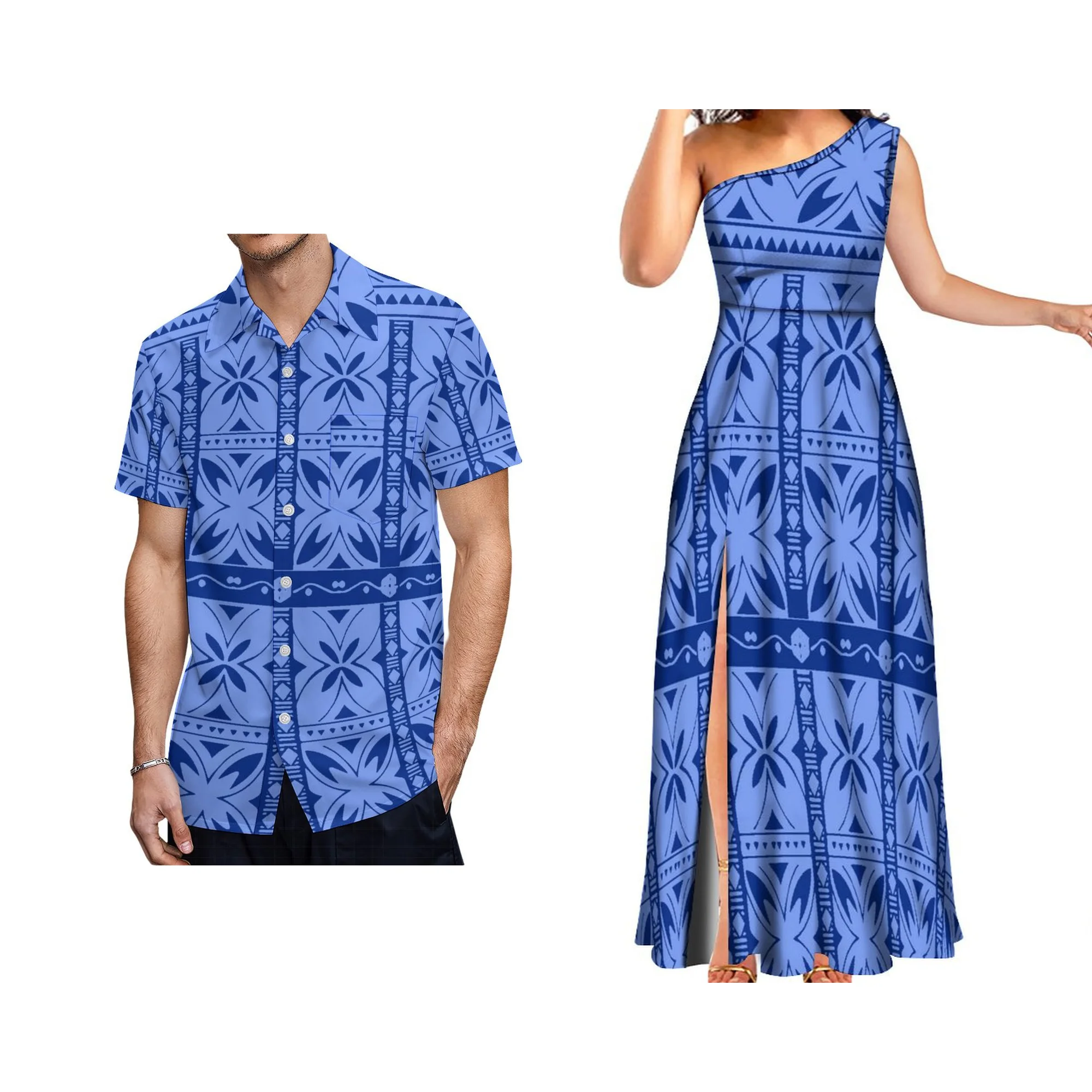สไตล์ใหม่ที่กําหนดเอง Polynesian Tonga Tribal Island ชุดหนึ่งไหล่แขนกุดแยกยาว Maxi ชุดราตรี