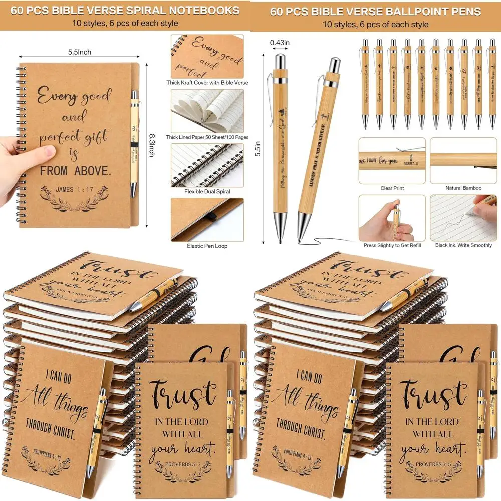 Bulk Christian Spiral Notebooks & Pens - 120 Pcs Bible Journals & Prayer Pens for Church Staff, Teachers, & Holiday Gifts