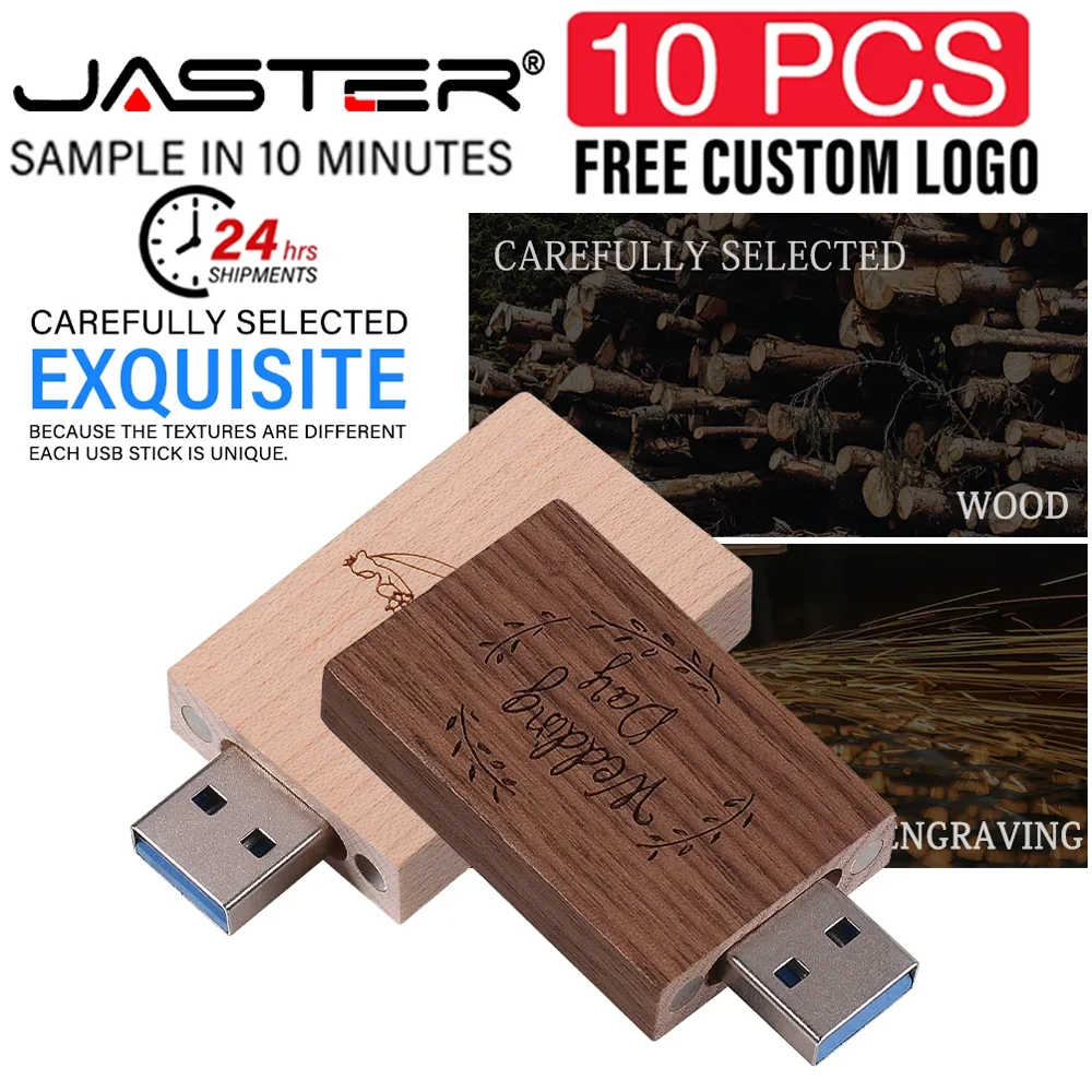 10PCS/LOT USB 2.0 Flash Drives 128GB Wood Box Pen Drive 64GB Free Custom Logo Creative Wedding Gift Memory Stick 32GB Pendrive