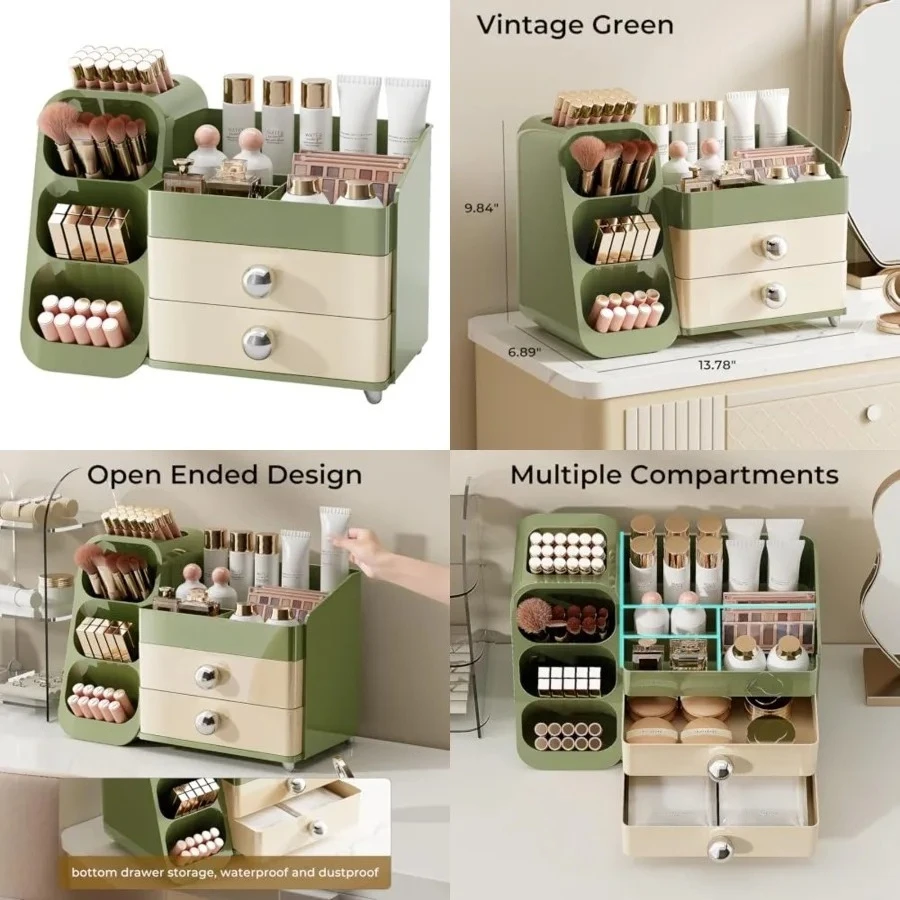 

Makeup Organizer for Vanity with Brush Holder, Large Capacity Bathroom Countertop Skincare Organizer with 2 Drawers, Cosmetic Display Case for Perfumes, Eyeshadow Palettes, Nail Polishes