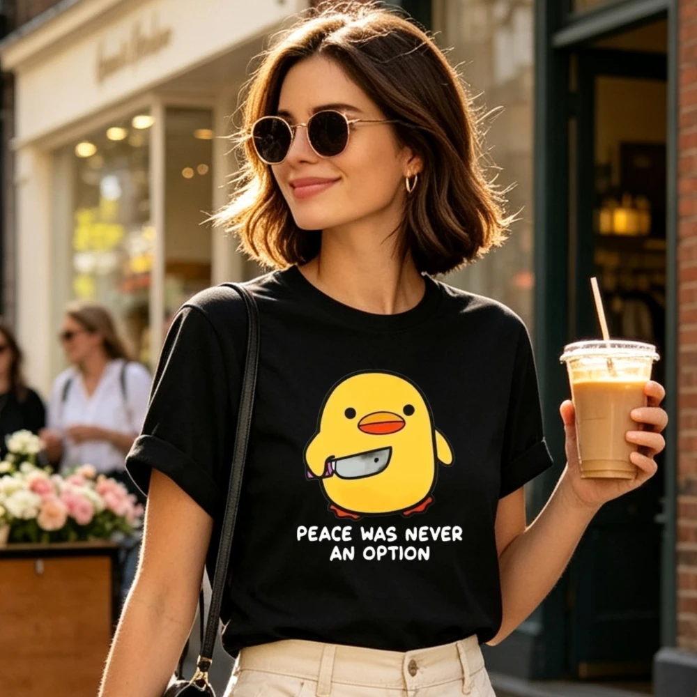 Peace Was Never An Option Cute Animal Tshirt Funny Kawaii Goose Graphic Tees Summer Casual Short Sleeve Top Women Trend Clothing