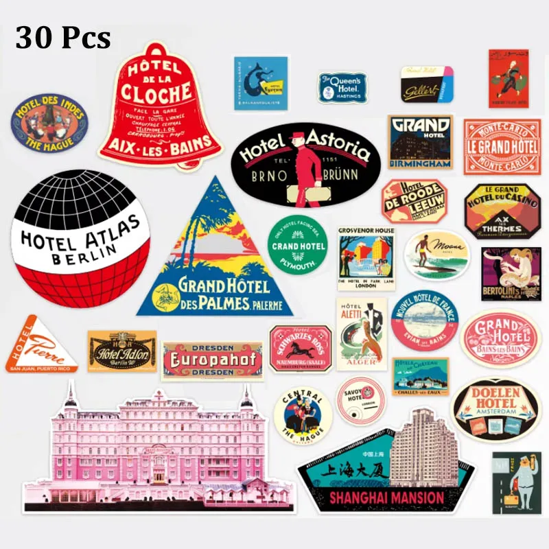 30 Pcs Retro Hotel Art Stickers Travel Commemorative Decals Waterproof Glossy Sticker for Suitcases Laptops Storage Box Guitars