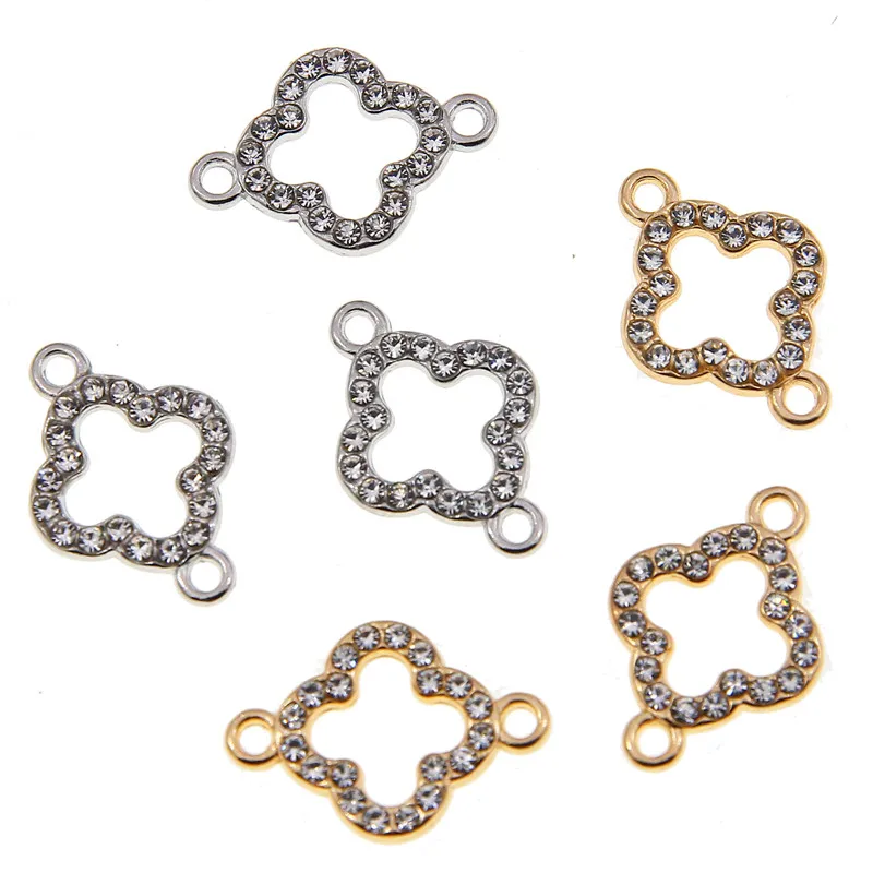 10pcs Alloy inlaid rhinestones Lucky Grass Connect Charms Pendants Fourleaved Clover Fit DIY Earrings Bracelet Jewelry Accessory