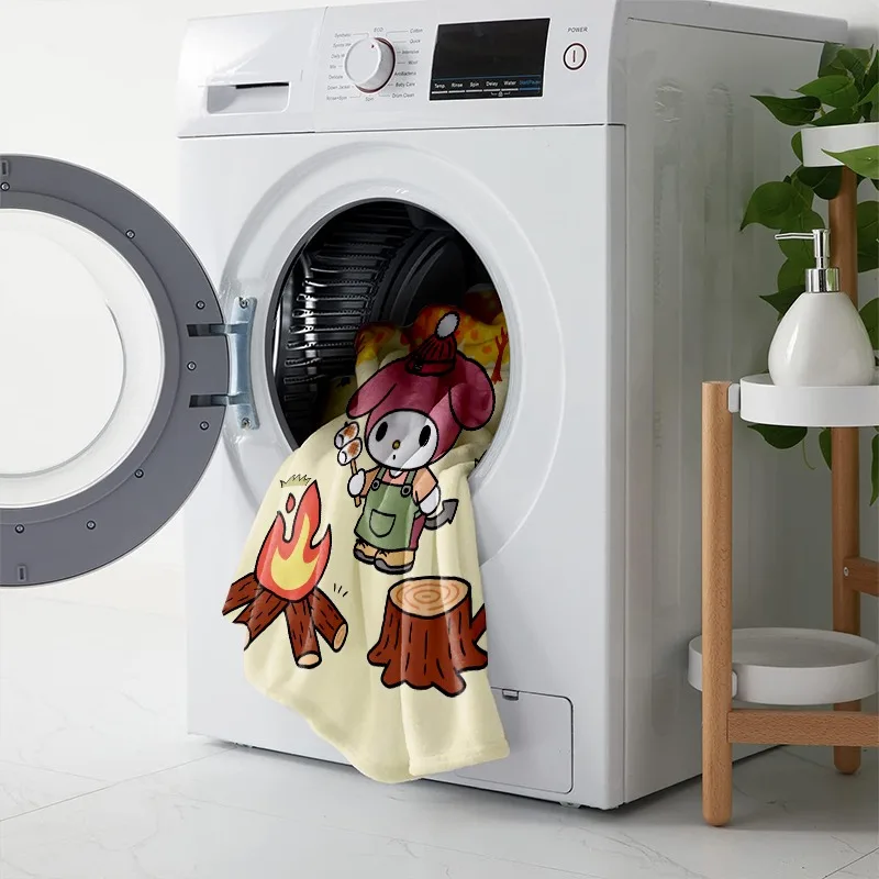 Sanrio Blanket Cozy Flannel Blanket Wall Hanging Featuring My Melody in Autumn Forest, Pink Hat Green Overalls, Toasting view 6