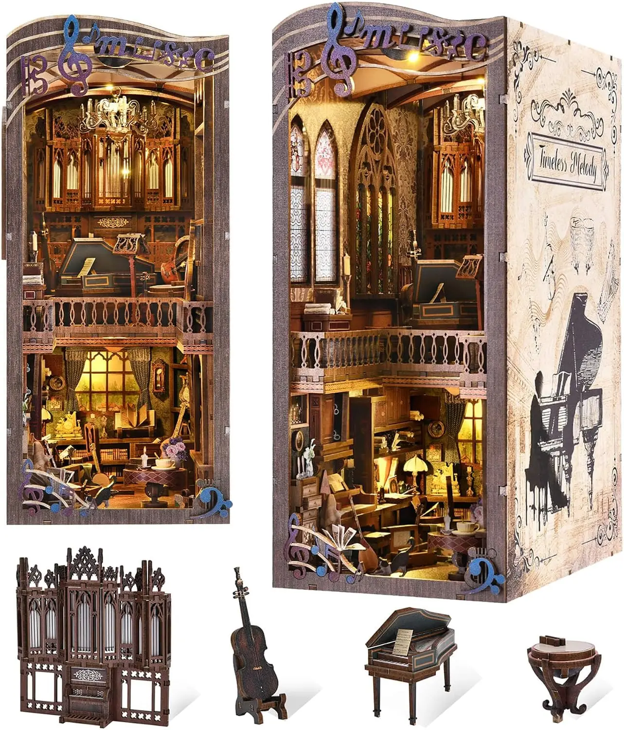 Timeless Melody DIY Miniature Dollhouse Music Kit 3D Wooden Puzzle Bookends Decorative Bookshelf Insert for Adults