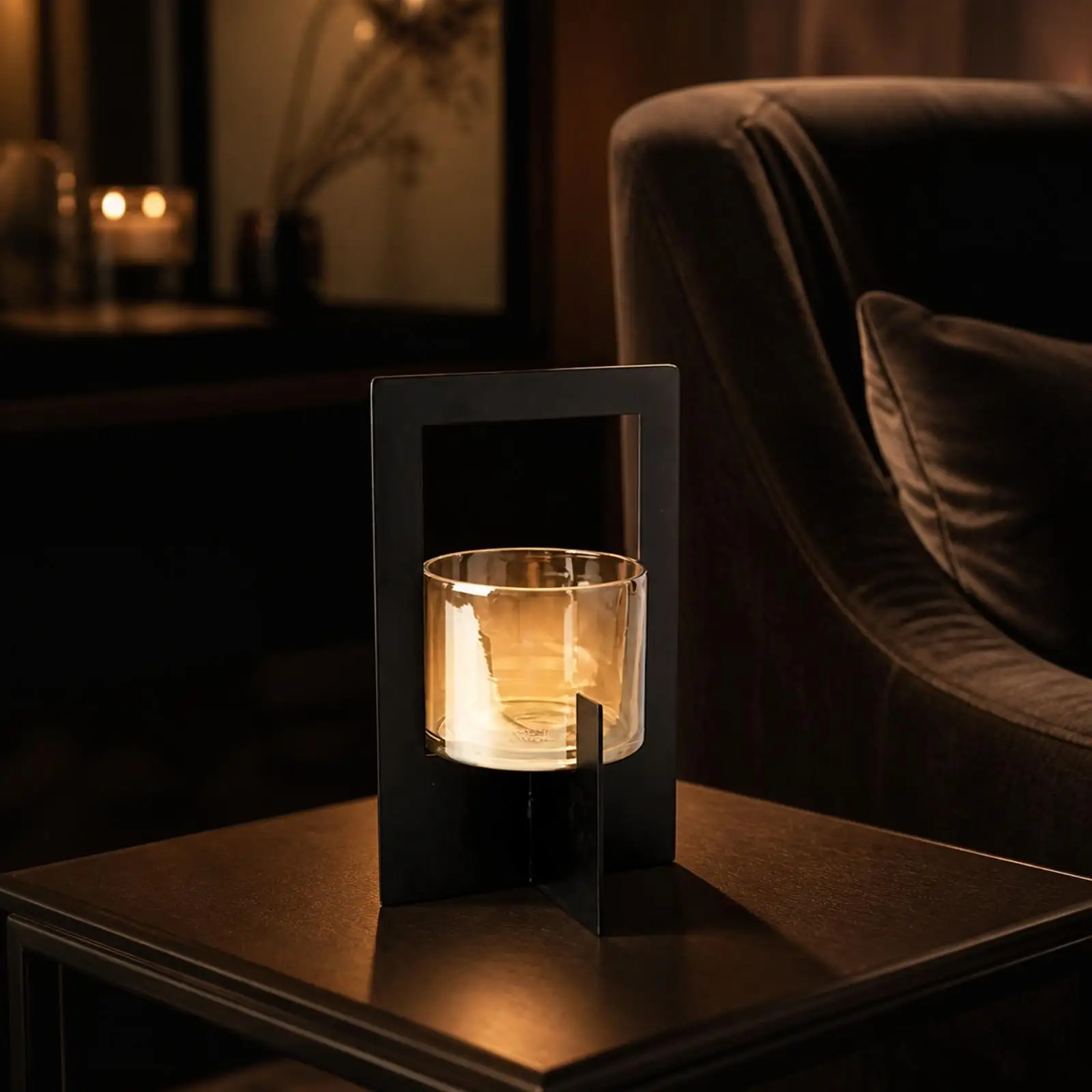 Minimalist Black Candle Holder with Amber Glass Vase for Contemporary Industrial Interior Styling