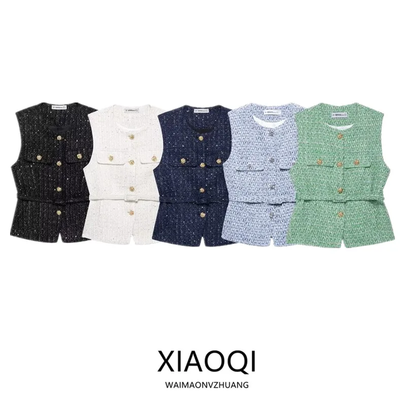 

Autumn Winter New Arrival Women's Vest 2024 Textured Versatile Comfortabe with Waist Belt Seed Bead Adorned Easily Paired Bas...