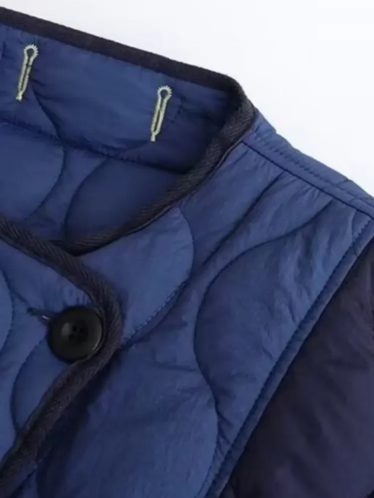 2025 Winter Women's Elegant Warm Loose Patchwork Navy Blue Parkas Coats Female Street Oversized O-neck Padded Thicken Jackets