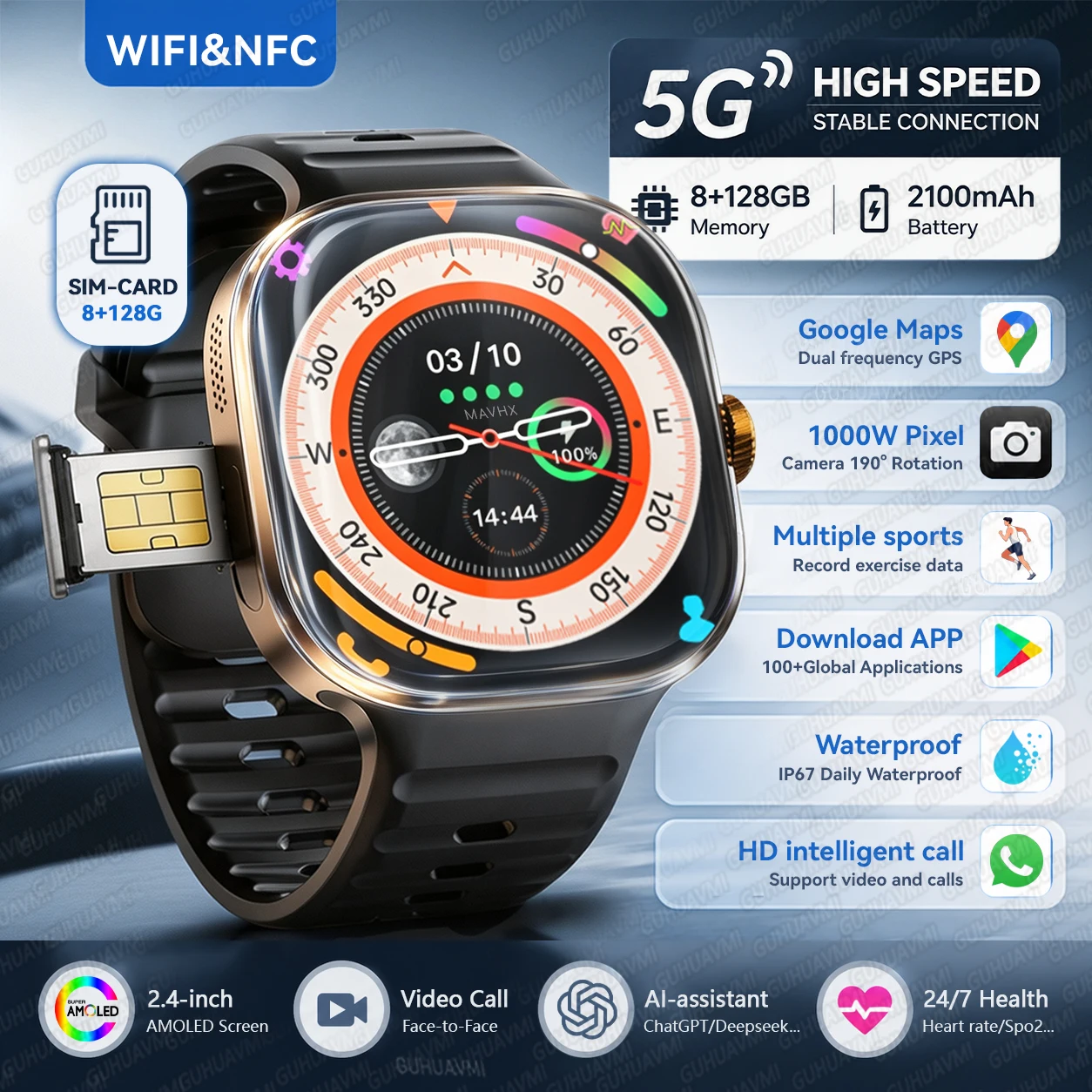 5G/4G All Network Smart Watch 2.4“ AMOLED 2100mAh Battery 8GB+128GB RAM 1000W Camera MAP WIFI NFC Google APP Download Smartwatch