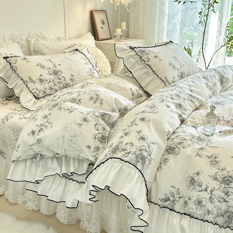 AI WINSURE-Romantic Lace Cotton Duvet Cover Set, Double Bed, Lace Ruffle Bedspread, with 2 Pillowcases, Printed 4-Piece Set