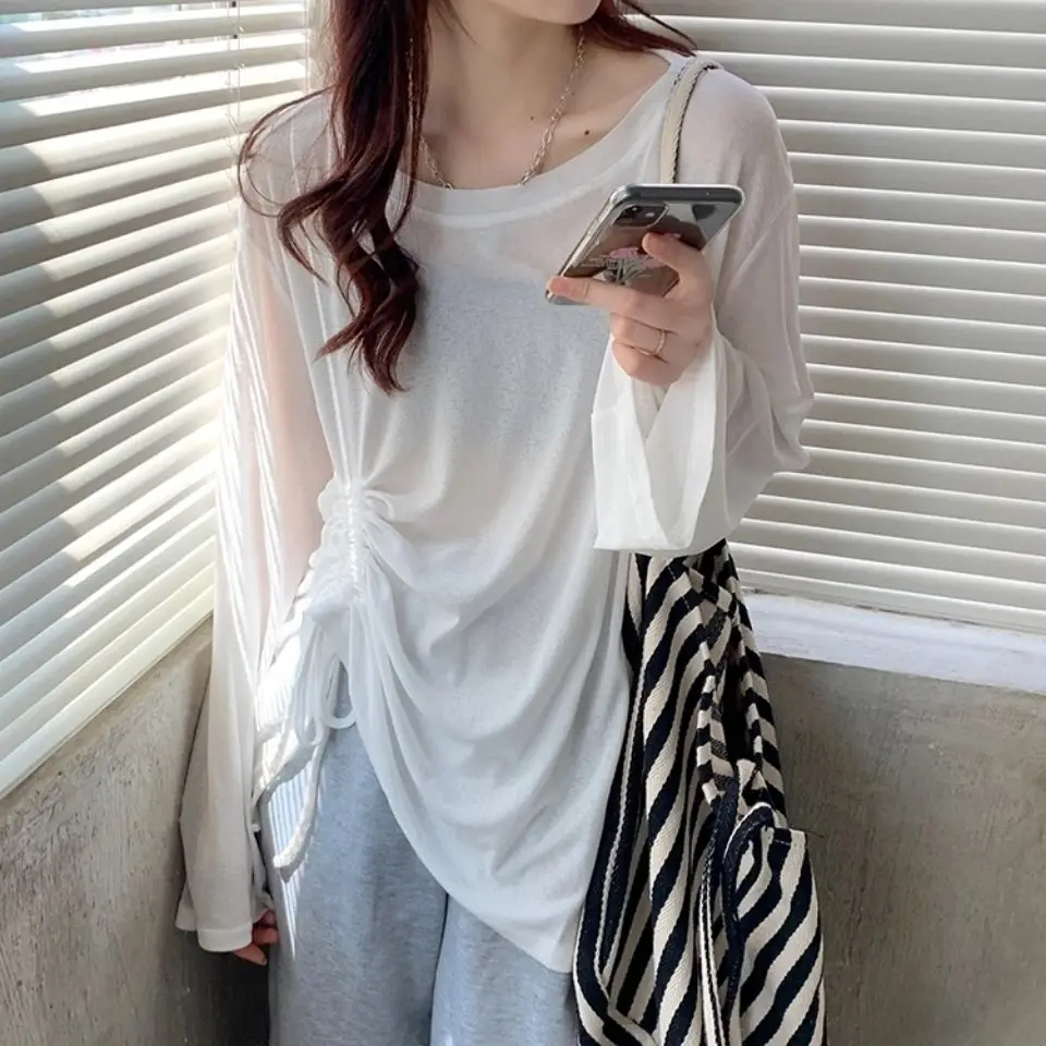 2024 Spring New Ice Shreds Knitting Women Summer Loose Round Neck Drawstring Long Sleeved Thin Style Solid Color Casual Tops