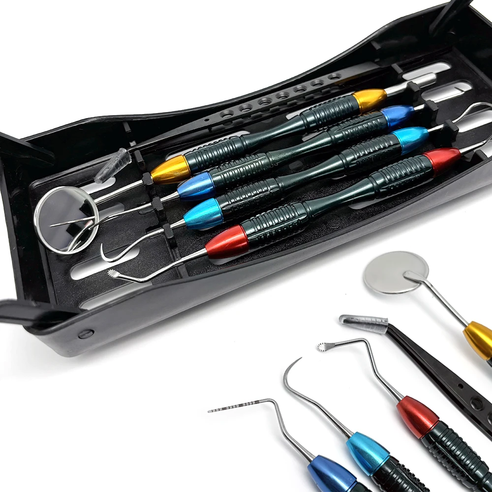 Kit de examen de dentista de 5 piezas, escalador de limpieza Dental LM, Gracey Curette Cobra, mango con caja de desinfección, herramientas dentales