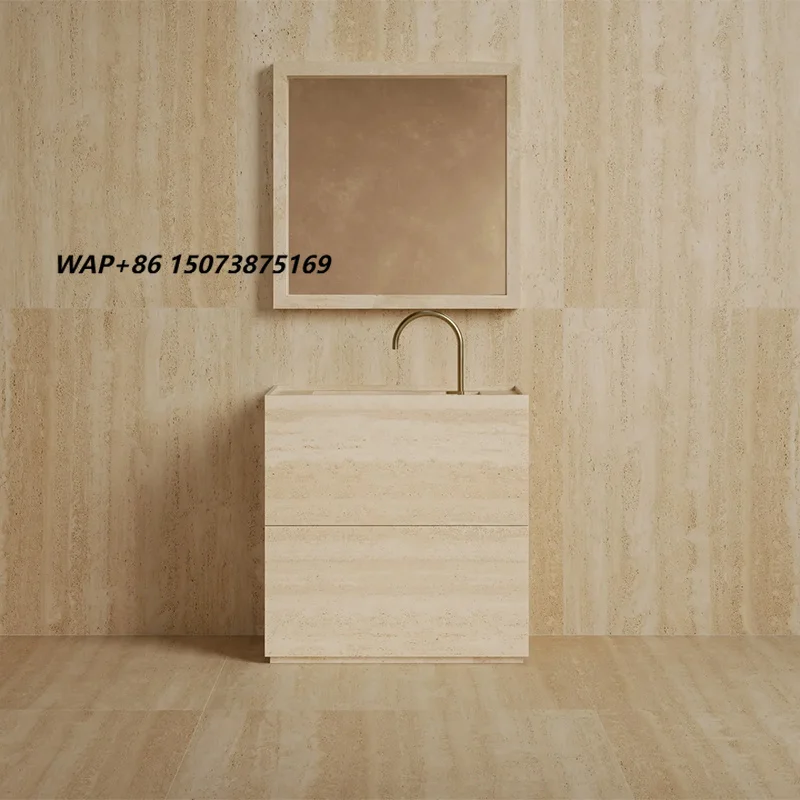 Dream Home Viral Cube Floating Stone Vanity Single Recessed Sink Matching Square Stone Mirror Wabi Sabi Bath Cabinet