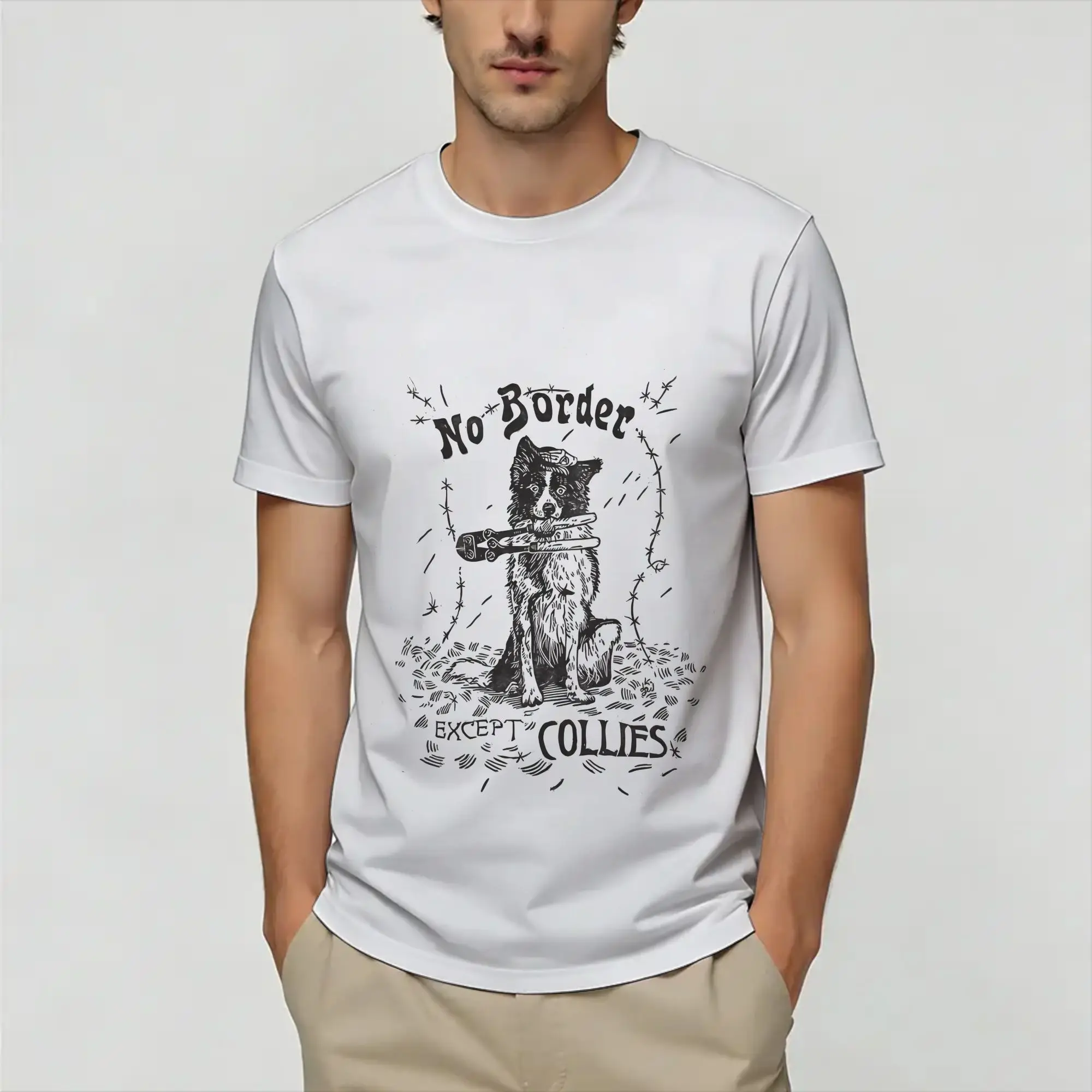 Men Border Collie Drinking Beer Funny Dog   T Shirts  100% Cotton Tops Funny Short Sleeve Crew Neck Tees Plus Size T-Shirts