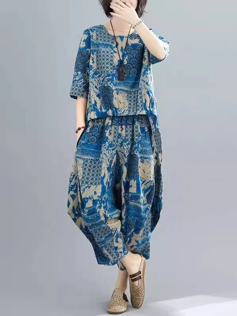 

Cotton Summer Clothing Mom Set Women's Loose Short Sleeved Printed Aristocratic Style Two-Piece Set Outfit W179